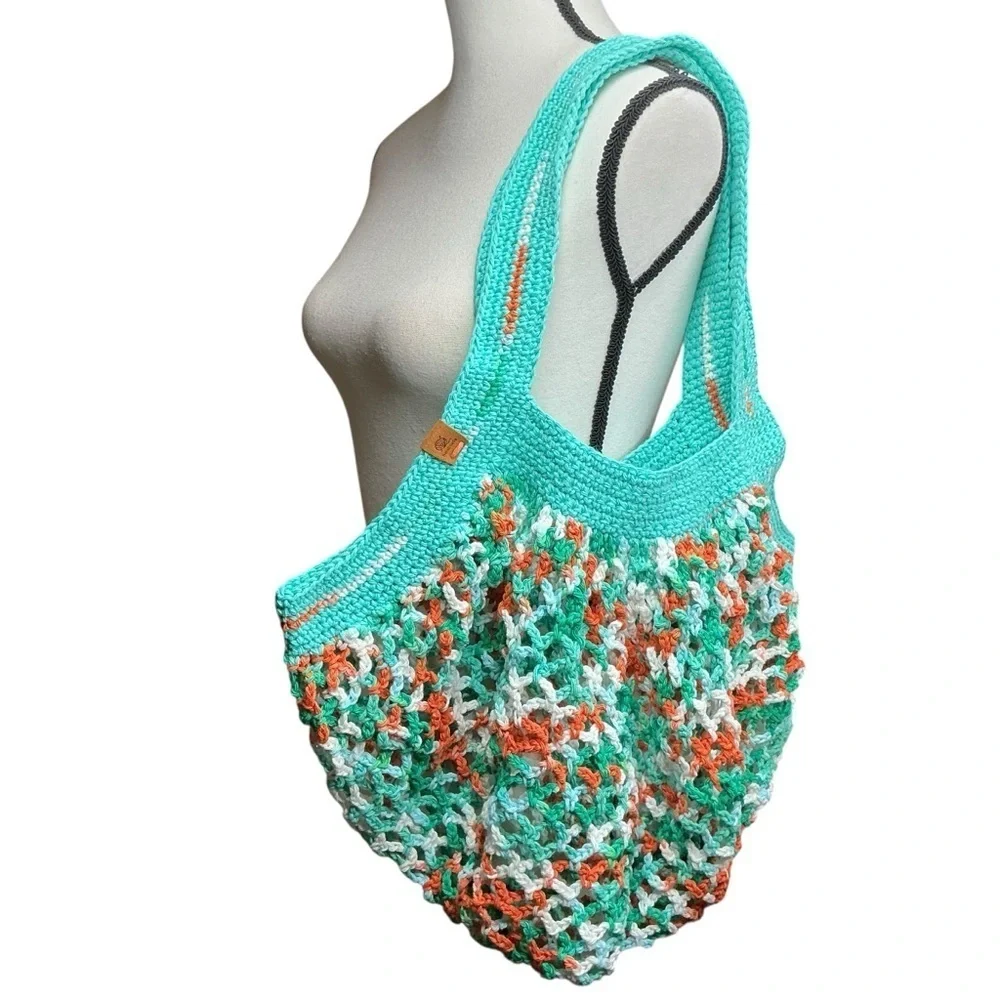 Large‎ Crochet Mesh Market Bag Teal White Cotton Handcrafted Handmade Reusable